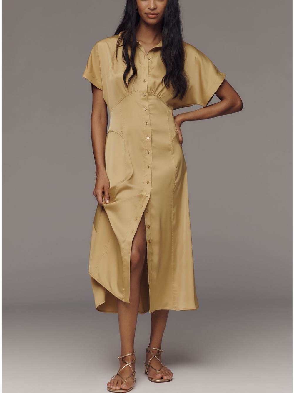 Exquise by Anthropologie Golden/ Tan Satin Button-Front Midi Dress